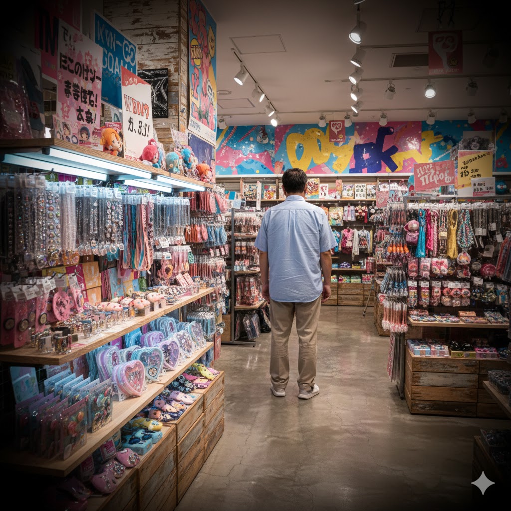 女子グッズ売り場で立ち尽くす